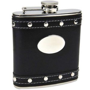 Silver Stud Black Faux Leather Hip Flask & Funnel